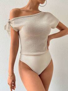 Chiquease Asymmetrical Neck Knot Side Bodysuit - Beige - View 7