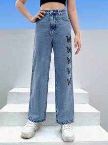 SHEIN 青少年女孩蝴蝶圖案直筒牛仔褲 - 中等水洗藍 - 查看 2