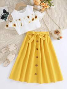 SHEIN Bộ hai mảnh Gái Thắt lưng Xù Hoa Boho - Nhiều màu - Xem 1