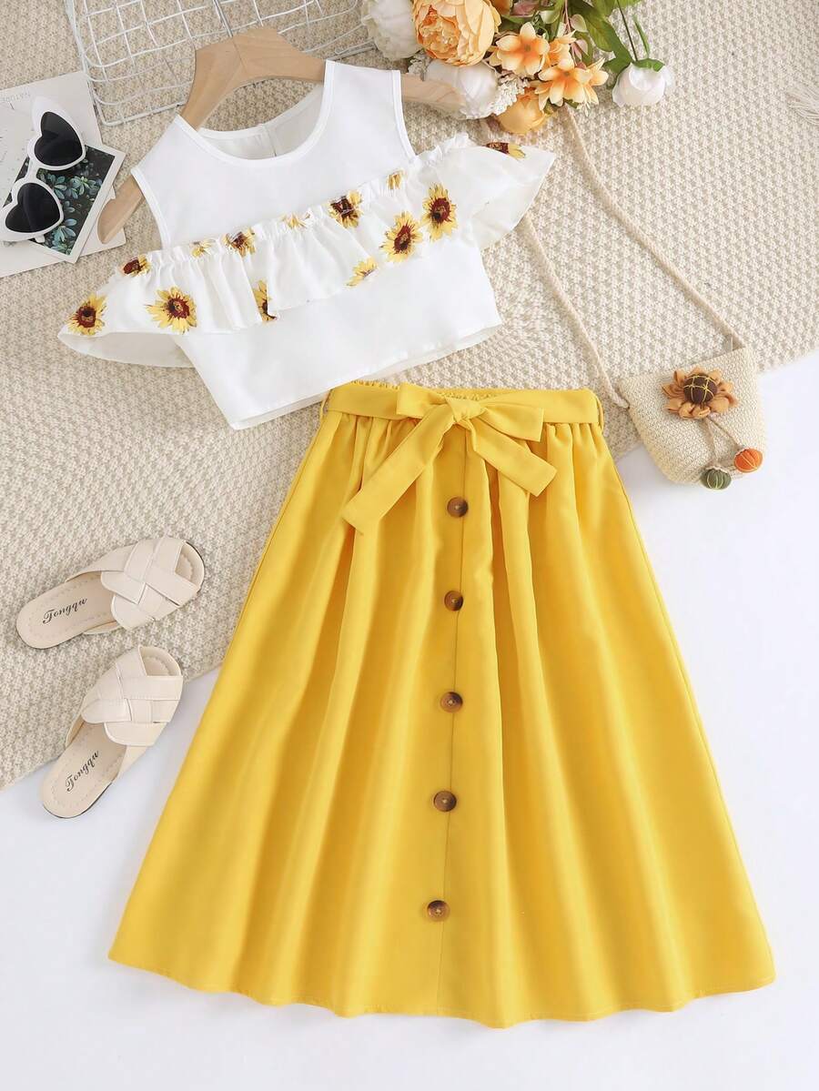 SHEIN Bộ hai mảnh Gái Thắt lưng Xù Hoa Boho - Nhiều màu - Xem 1