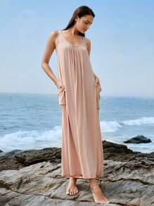 Leisure Natural Linen Comfy & Breathable Side Pocket Lounge Dress-Pink - Coral Pink - View 9