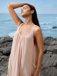 Leisure Natural Linen Comfy & Breathable Side Pocket Lounge Dress-Pink - Coral Pink - View 8