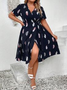 SHEIN LUNE Đầm Plus Size Thắt nút Trọn gói Bộ lạc Giải trí - màu đen - Xem 1