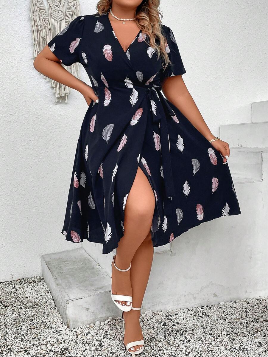SHEIN LUNE Đầm Plus Size Thắt nút Trọn gói Bộ lạc Giải trí - màu đen - Xem 1
