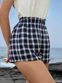 Ocili 舒適透氣棉質格紋短睡褲 - 黑與白 - 查看 5