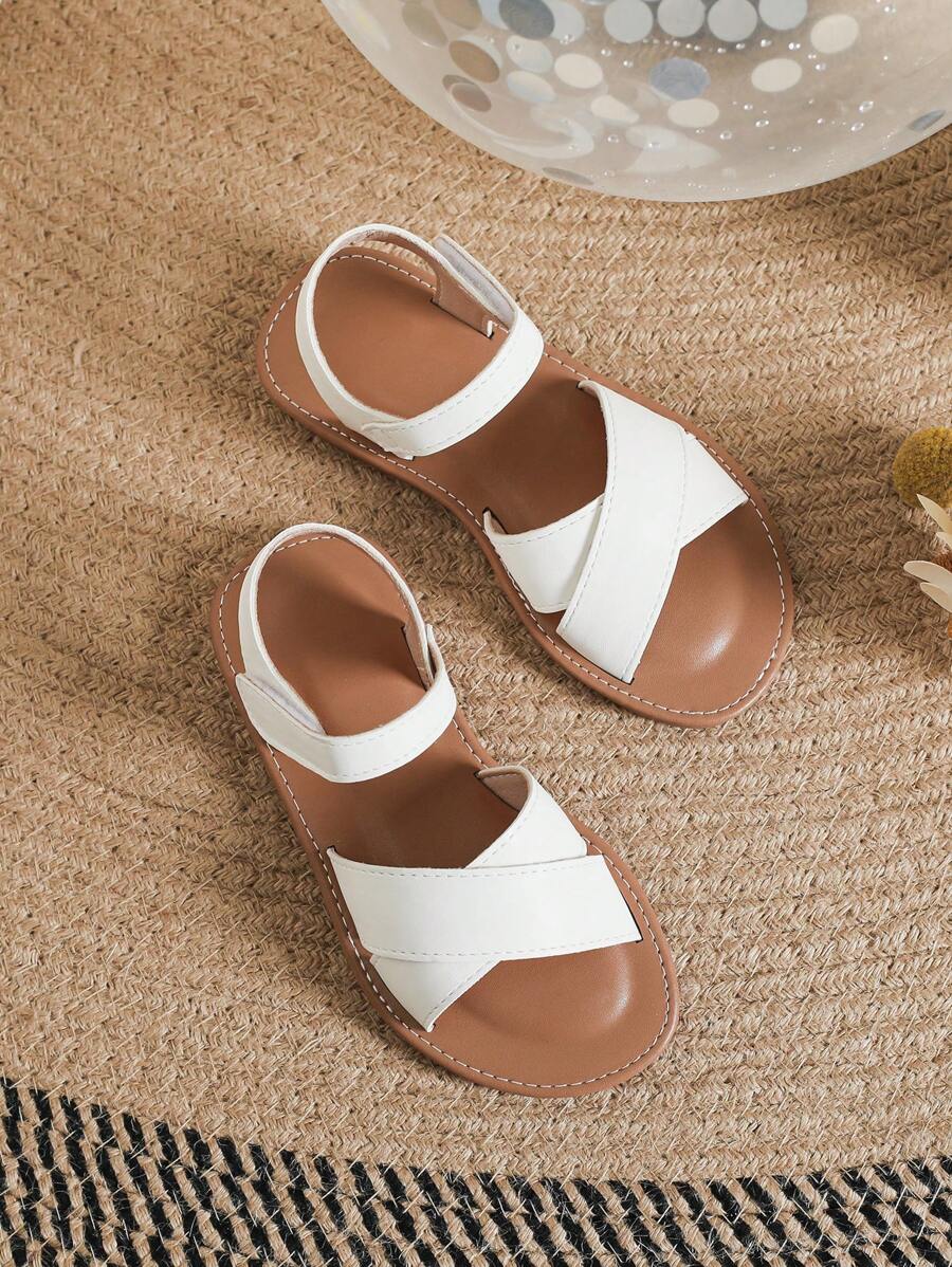 女孩交叉魔術貼白色透氣防滑踝帶平底涼鞋適合夏天 - 白色 - 查看 1