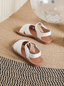 女孩交叉魔術貼白色透氣防滑踝帶平底涼鞋適合夏天 - 白色 - 查看 2