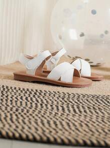 女孩交叉魔術貼白色透氣防滑踝帶平底涼鞋適合夏天 - 白色 - 查看 3