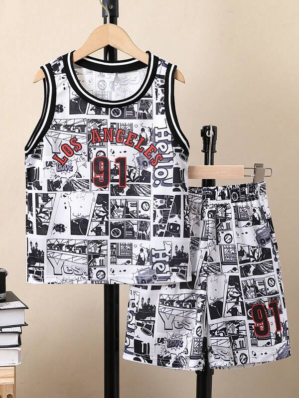 SHEIN Jungen Tank Top mit Pop Art Muster, Kontrast Saum & Shorts