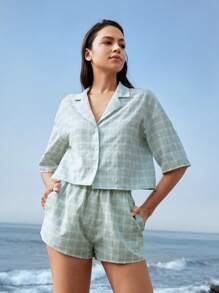 舒适透气棉质色织格纹短款睡衣套装/睡衣套装 - 薄荷绿 - 薄荷綠 - 查看 5