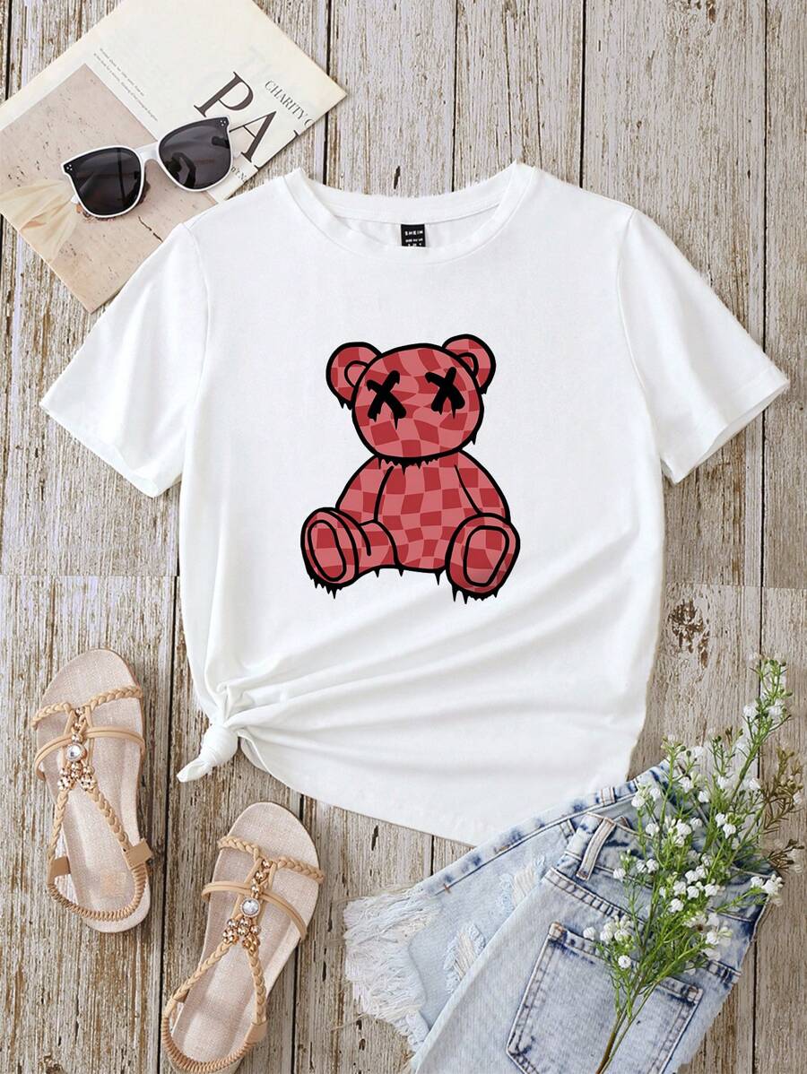 SHEIN LUNE 簡約熊印花圓領女短袖T恤 - 白色 - 查看 1
