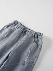 Young Boy Ripped Frayed Elastic Waist Jeans - Light Wash - View 4