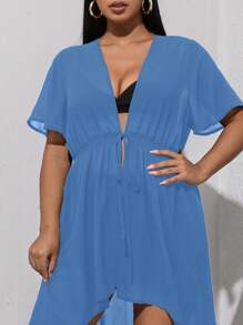SHEIN Holidaya Plus Tie Front Kimono - Blue - View 3