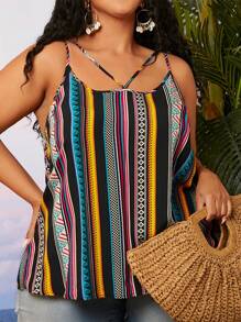 SHEIN CURVE+ 大碼條紋和幾何圖案吊帶上衣 - 彩色 - 查看 1