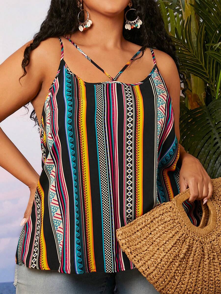 SHEIN CURVE+ 大碼條紋和幾何圖案吊帶上衣 - 彩色 - 查看 1