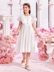 SHEIN 女孩荷葉邊前紐扣洋裝 - 白色 - 查看 4