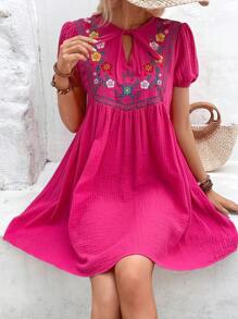 Breezaya Floral Embroidery Tie Neck Puff Sleeve Smock Dress - Hot Pink - View 1