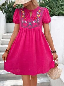 Breezaya Floral Embroidery Tie Neck Puff Sleeve Smock Dress - Hot Pink - View 6