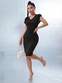 SHEIN Privé Vestido ajustado unicolor de manga farol - Negro - Ver 1