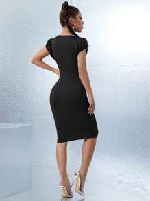 SHEIN Privé Vestido ajustado unicolor de manga farol - Negro - Ver 2