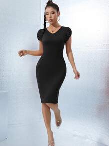 SHEIN Privé Vestido ajustado unicolor de manga farol - Negro - Ver 4