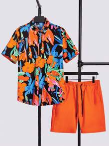Manfinity Chillmode Men Floral Print Shirt & Drawstring Waist Shorts - Multicolor - View 1