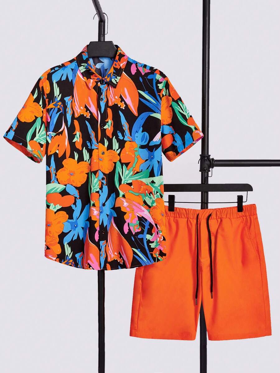 Manfinity Chillmode Men Floral Print Shirt & Drawstring Waist Shorts - Multicolor - View 1