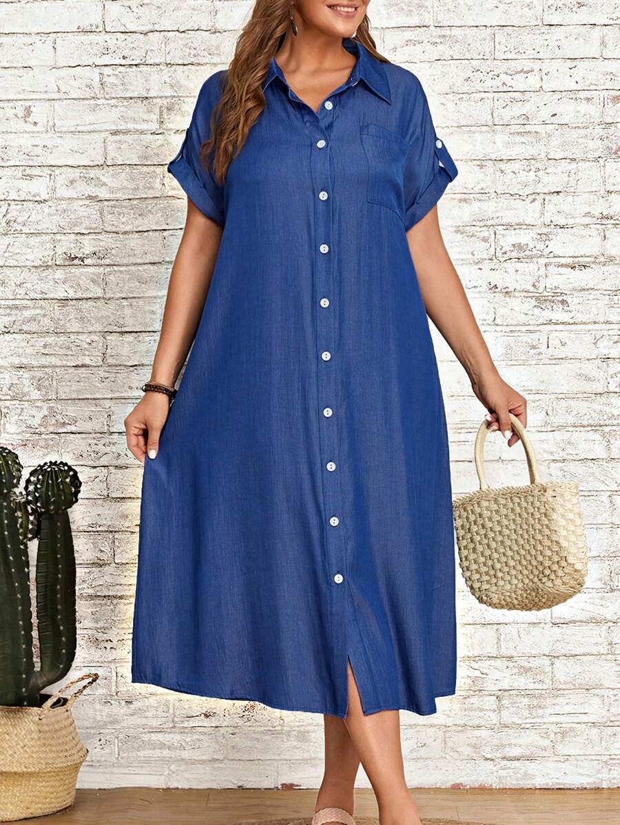 EMERY ROSE Plus Solid Button Front Shirt Dress
