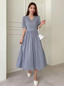 DAZY Vestido fruncido de manga farol de cuello V - Neblina azul - Ver 1