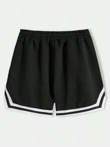 ROMWE MEN Prep Men Floral & Slogan Graphic Striped Trim Drawstring Waist Shorts, School