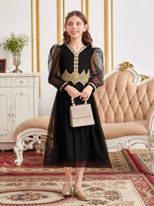 SHEIN 女孩1入組凸花蕾絲貼花泡泡袖網紗覆蓋洋裝 - 黑色 - 查看 3