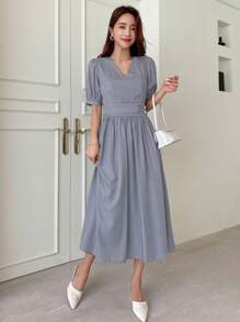 DAZY Vestido fruncido de manga farol de cuello V - Neblina azul - Ver 3