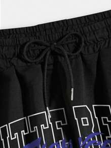 ROMWE MEN Prep Men Floral & Slogan Graphic Striped Trim Drawstring Waist Shorts, School