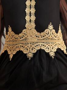 SHEIN 女孩1入組凸花蕾絲貼花泡泡袖網紗覆蓋洋裝 - 黑色 - 查看 9