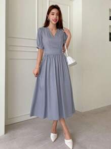 DAZY Vestido fruncido de manga farol de cuello V - Neblina azul - Ver 8