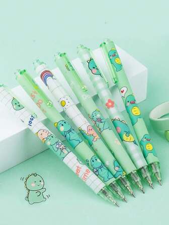6入組卡通恐龍圖案按壓式中性筆可愛便攜式中性筆套裝適合辦公室、學生、書寫