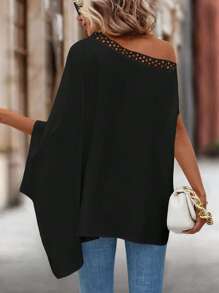 SHEIN Clasi Asymmetrical Neck Lace Trim Batwing Sleeve Blouse One Shoulder Top - Black - View 2
