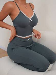 Contrast Lace Bow Front Cami Top & Trousers PJ Set - Grey - View 5