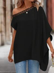 SHEIN Clasi Asymmetrical Neck Lace Trim Batwing Sleeve Blouse One Shoulder Top - Black - View 4