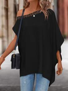 SHEIN Clasi Asymmetrical Neck Lace Trim Batwing Sleeve Blouse One Shoulder Top - Black - View 6