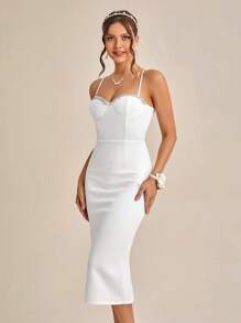 SHEIN Belle Rhinestone Trim Bustier Cami Wedding Dress - White - View 6
