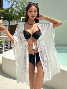 DAZY Pom Pom Trim Drawstring Waist Kimono - White - View 3