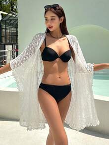 DAZY Pom Pom Trim Drawstring Waist Kimono - White - View 5