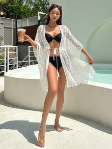 DAZY Pom Pom Trim Drawstring Waist Kimono - White - View 6