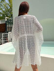 DAZY Pom Pom Trim Drawstring Waist Kimono - White - View 8