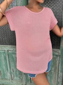 SHEIN 孕婦華夫格編織蝙蝠袖T恤 - 淺粉色 - 查看 4