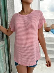SHEIN 孕婦華夫格編織蝙蝠袖T恤 - 淺粉色 - 查看 1