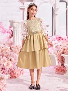 SHEIN Girls Floral Mesh Flounce Sleeve Layer Hem Dress - Multicolor - View 1