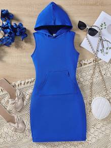 SHEIN Girls Kangaroo Pocket Hooded Tank Dress - Blue - View 1