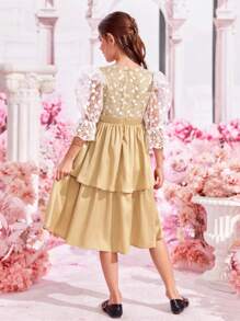 SHEIN Girls Floral Mesh Flounce Sleeve Layer Hem Dress - Multicolor - View 6